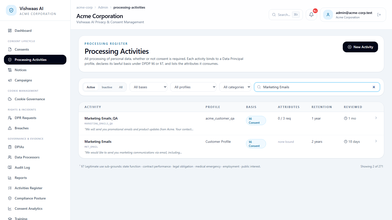 Vishwaas AI Processing Activities register showing each activity with its DPDP lawful basis, attributes and retention