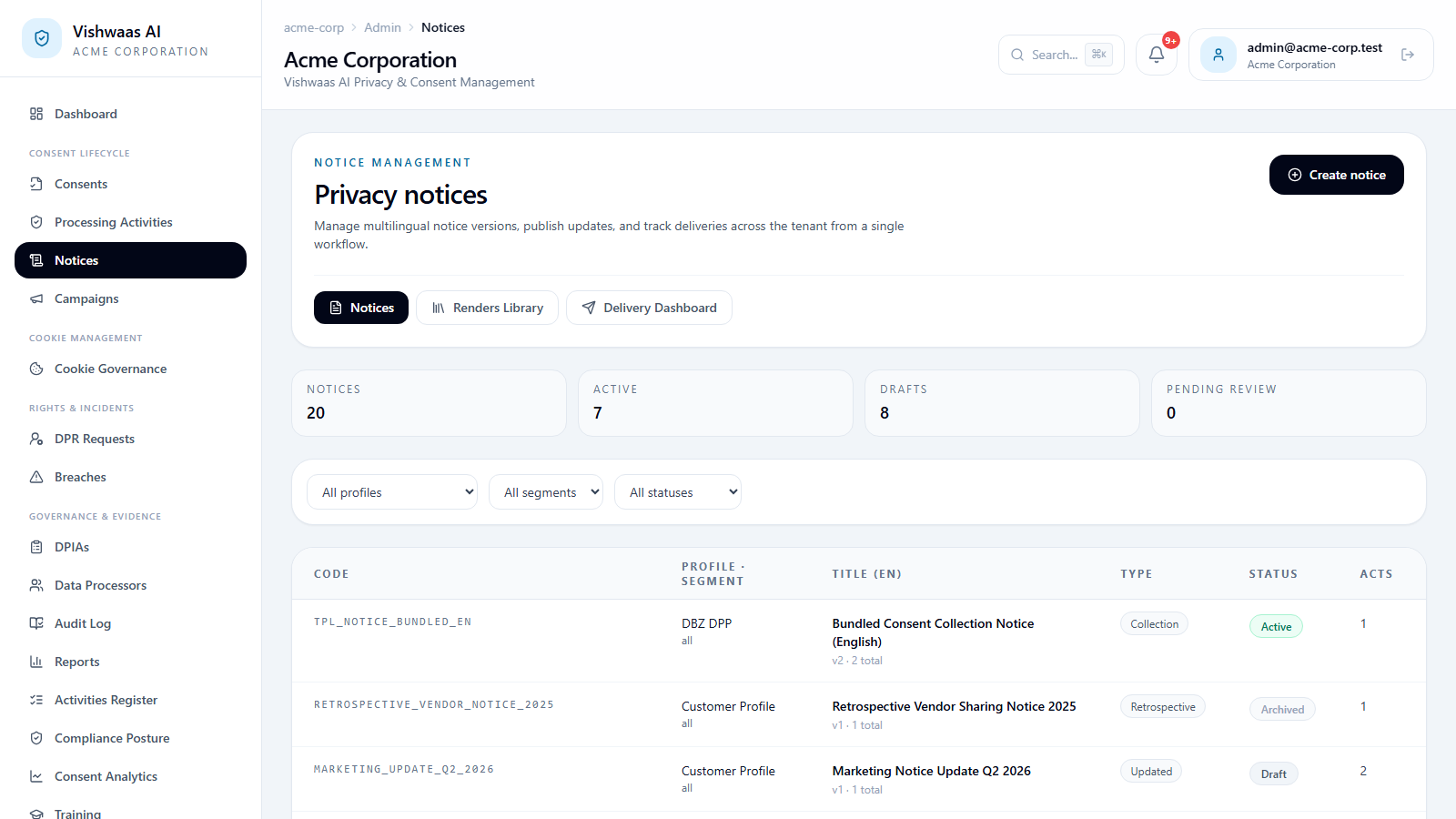 Vishwaas AI Privacy Notices screen showing multilingual notice versions, statuses and delivery tracking