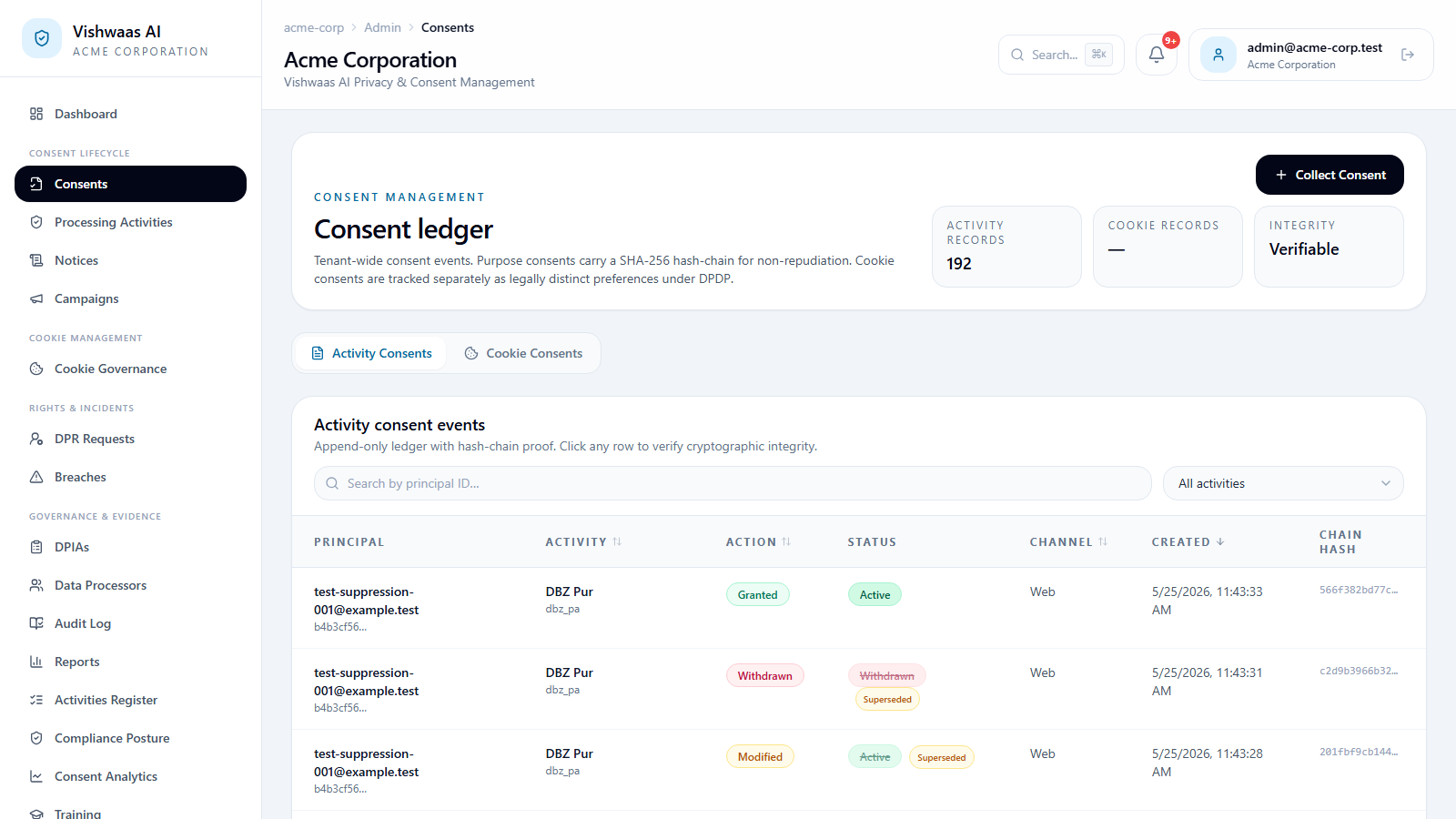 Vishwaas AI consent ledger showing per-record chain-hash values and an Integrity: Verifiable status — click any row to verify cryptographic integrity